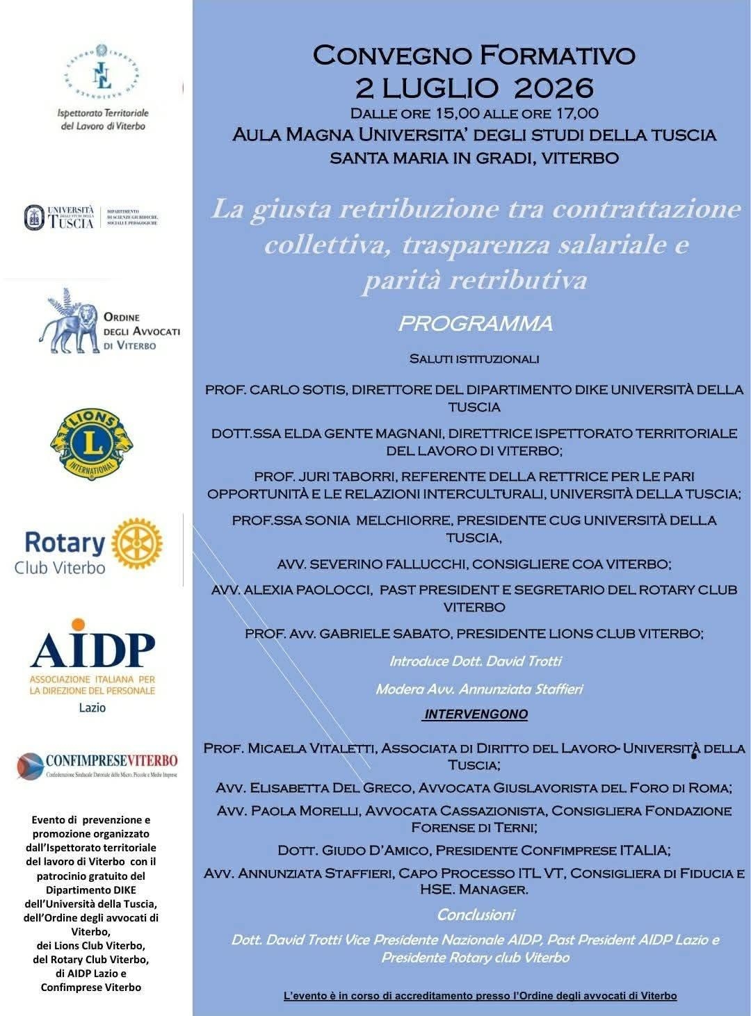 CONVEGNO FORMATIVO c/o Aula Magna Università degli Studi della Tuscia, Santa Maria in Grandi, Viterbo.